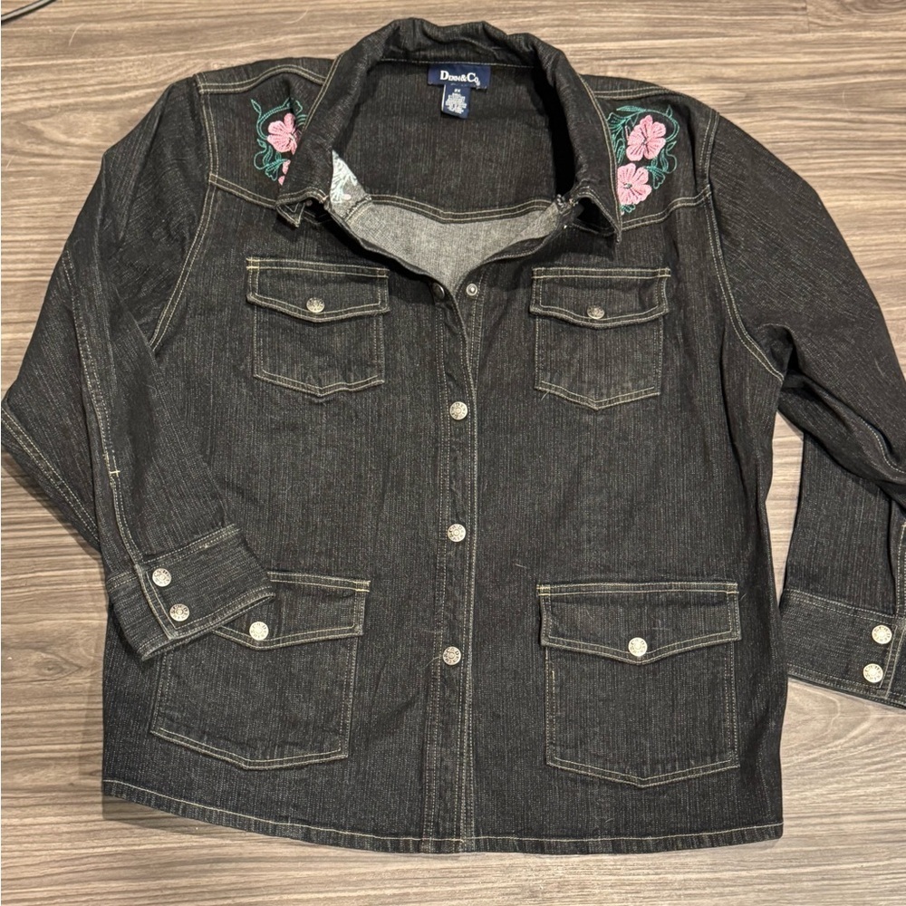 Denim & Co Black Vintage Denim Floral Embroidered Jacket Women’s 2XL Boho Y2K
